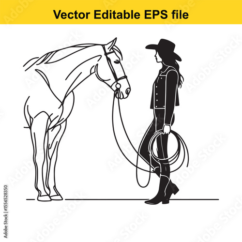 Stylized Cowgirl Illustration with a Horse Depicting Western Fashion and Equestrian Lifestyle in a Black and White Minimalist Design
