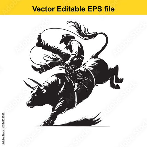 Black and White Silhouette of a Cowboy Riding a Leaping Horse with Lasso in Hand Artistic Rendering
