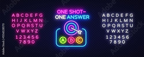 Wallpaper Mural Trivia vector icon with target and letters. Neon illustration shows phrase ONE SHOT ONE ANSWER and answer buttons ABC on transparent grid Torontodigital.ca