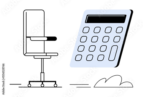 Adjustable office chair beside a large calculator. Ideal for finance, productivity, budgeting, office work, remote work, accounting, and minimalism concepts. Clean simple flat metaphor