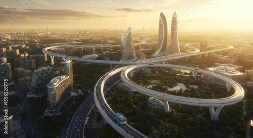 Futuristic Cityscape with Elevated Highway and Modern Skyscrapers at Sunset