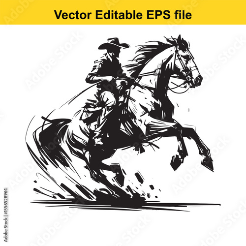 Black and White Silhouette of a Cowboy Riding a Leaping Horse with Lasso in Hand Artistic Rendering