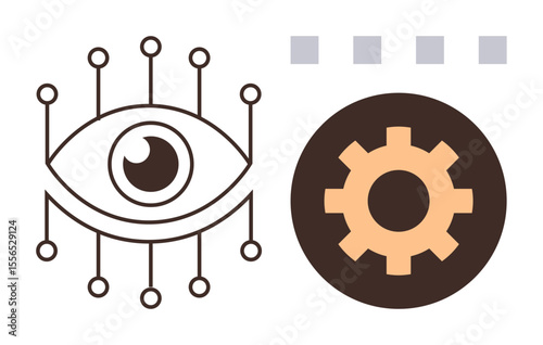 Eye integrated with circuits beside gear element, representing AI, automation, and technological advancement. Ideal for technology, innovation, vision, future, engineering data automation themes
