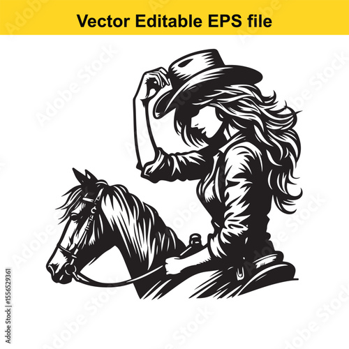 Black and White Illustration of a Cowgirl on Horseback Depicting Western Heritage and Equestrian Grace