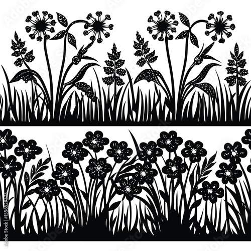Black and White Meadow Flower Border Silhouette Long Grass Floral Design Element