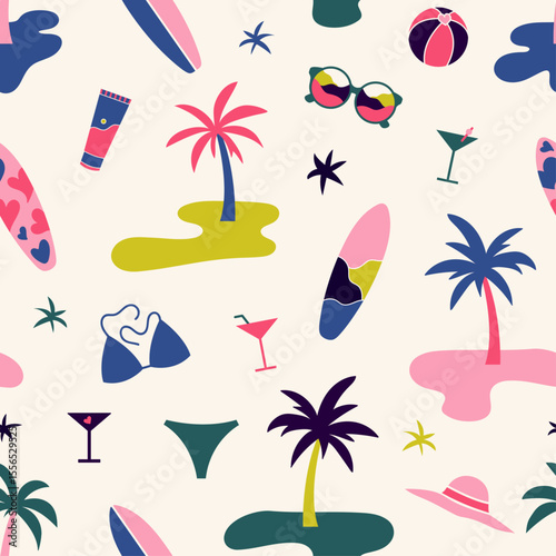 Palm Springs Summer Seamless Pattern – Tropical Icons, Bikinis, Cocktails & Surfboards Retro Seamless Pattern Deisgn (AI)