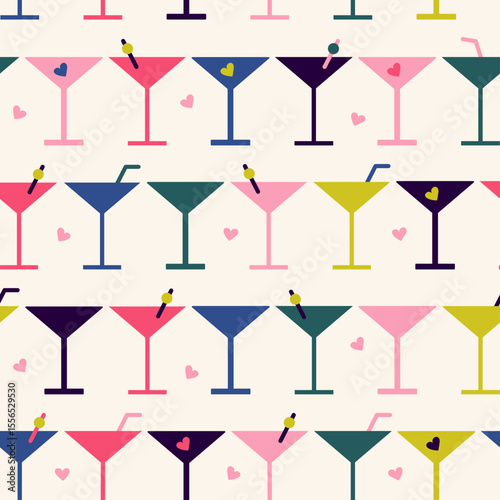 Tropical Martini Seamless Pattern – Retro Cocktail Glasses with Hearts, Olives & Love Vibes (AI)