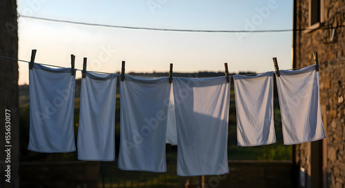 Ropa colgada con broches en una soga, movida sutilmente por el viento con enfoque en la textura