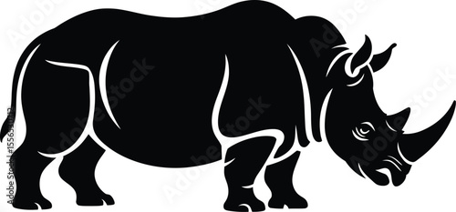 A black silhouette of a rhinoceros standing on a white background in a side profile view illustration