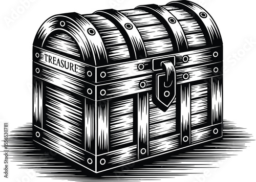 A monochrome illustration of a closed wooden treasure chest with the word treasure on the top edge