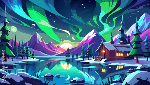 The night sky dances with ribbons of green and purple light. Snowy ground, wooden cabins, and icy reflections create a surreal Arctic wonderland.