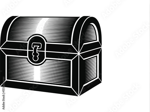 A black and white illustration of a treasure chest with a question mark on the front clasp design