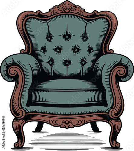 A detailed illustration of a vintage armchair with tufted back and ornate wooden frame on a white background