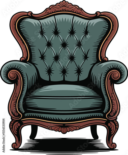 A detailed illustration of a green tufted armchair with a decorative wooden frame on a white background