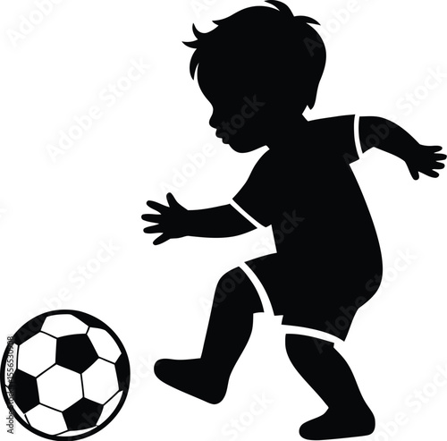 Silhouette of a young child kicking a soccer ball isolated on a white background in a playful manner