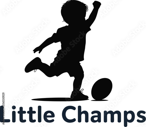 Silhouette of child kicking a rugby ball with little champs text on a light gray background image