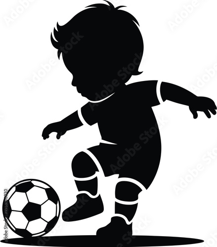 Silhouette of a child playing soccer with a soccer ball on a white background in a vector image