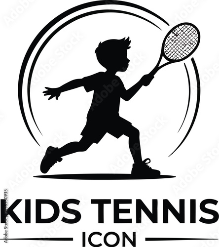 Silhouette of a young boy playing tennis inside a circular design on a light gray background icon design