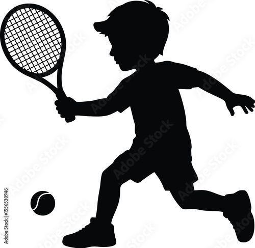 Silhouette of a young boy playing tennis with a racket and ball on a white background in action pose