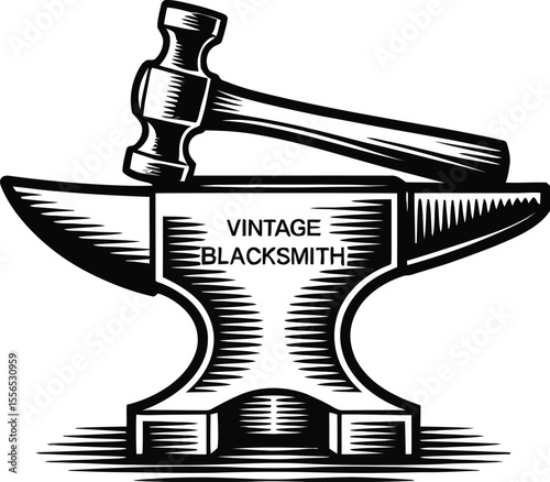 A black and white drawing of a hammer resting on top of an anvil with vintage blacksmith text on it