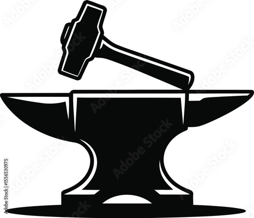 A black and white illustration of an anvil with a hammer resting on top of it in a simple design style