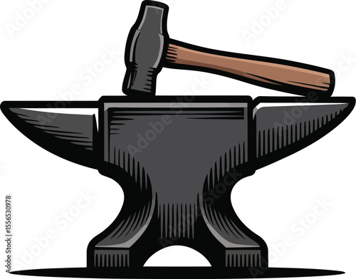 Illustration of a black anvil with a brown handled hammer resting on top against a white background