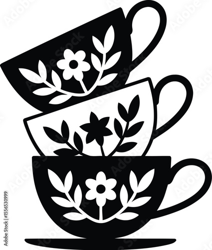A stack of three teacups with floral designs in black and white on a plain white background image art