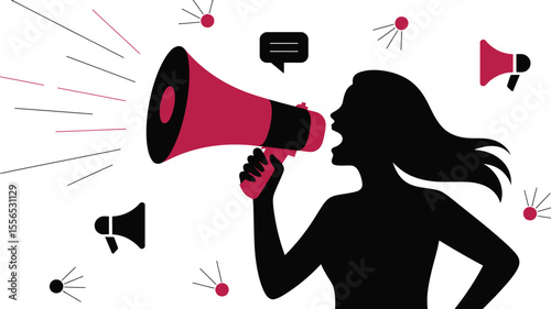 Silhouette of woman shouting into a pink megaphone with speech bubble and megaphone icons around her