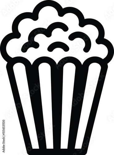 A simple black and white illustration of popcorn in a striped container on a white background