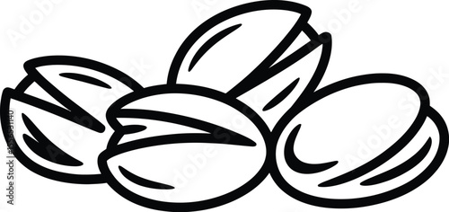 A simple line drawing of a small pile of pistachios with some open and some closed on a white background