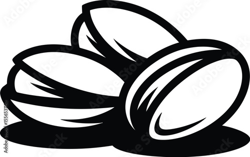 A graphic illustration of three pistachios in black and white on a plain white background design style