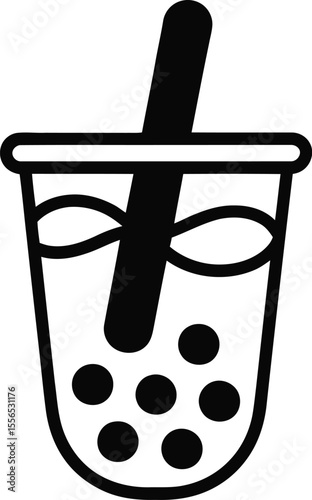 A black and white illustration of a boba tea drink with a straw on a white background simple design