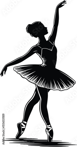 Silhouette of a ballerina in a tutu and pointe shoes with arms raised on a white background stage light