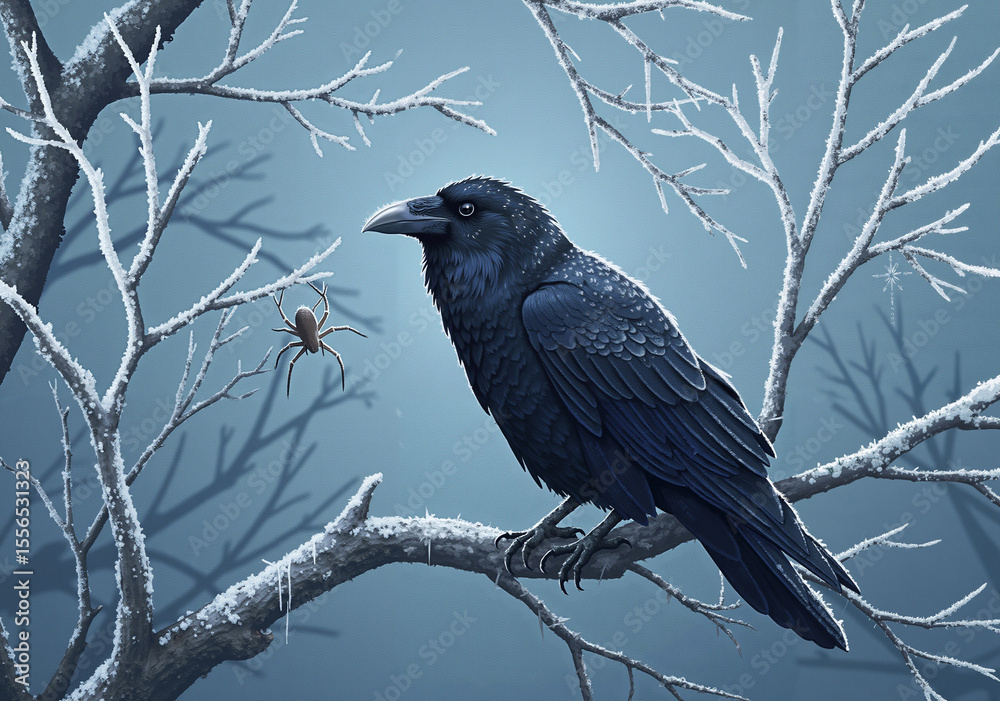 Fototapeta premium Raven perched on frost-covered branch with spider in winter scene 