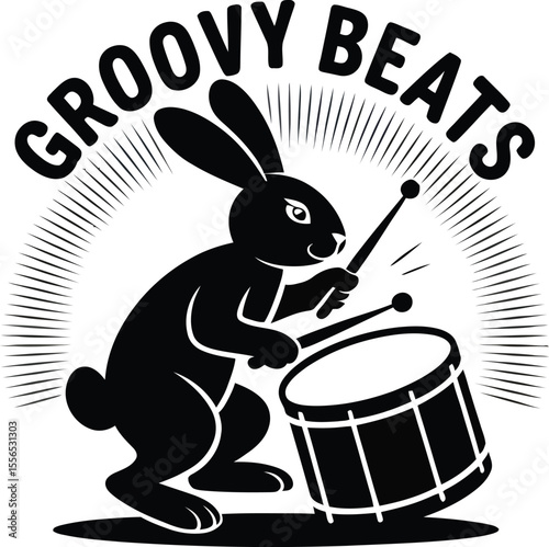 A black and white logo featuring a rabbit playing a drum with the text groovy beats above it