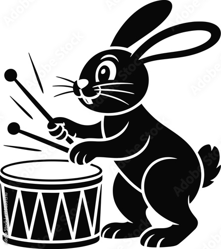 A black and white illustration of a rabbit playing a drum with drumsticks on a white background art