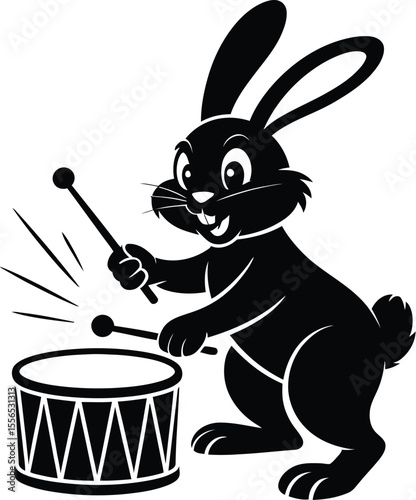 A cartoon rabbit playing a drum set with drumsticks in a black and white illustration on a white background