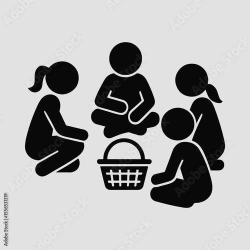 Silhouette people sitting around picnic basket vector illustration