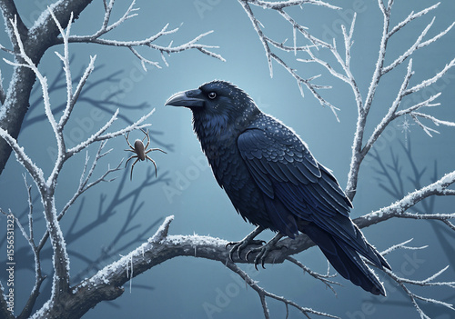 Raven perched on frost-covered branch with spider in winter scene  