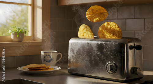 Tostadas saliendo de una tostadora con vapor visible y luz suave de cocina