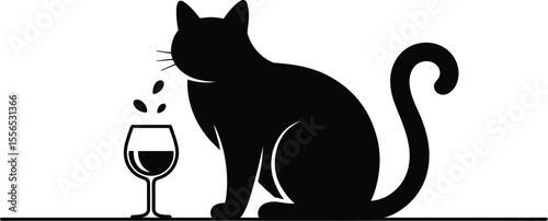A black cat sitting next to a wine glass with liquid splashing out in a minimalist illustration