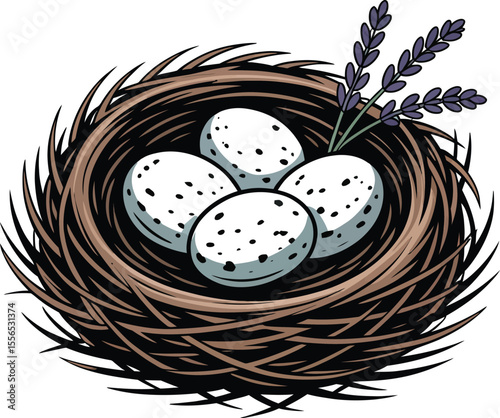 A cartoon image depicting a bird's nest with speckled eggs and a sprig of lavender on a white background