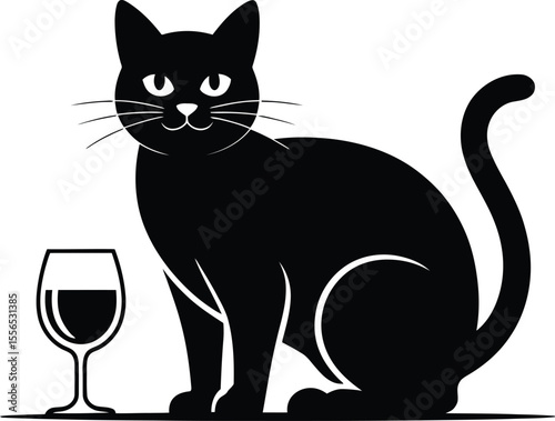 A black cat sitting next to a wine glass on a white background in a minimalist vector illustration