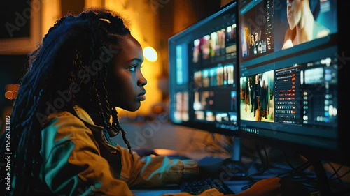 Skilled video editor perfects complex sequence at dual monitors, balancing color grading, effects, and narrative pacing for stunning results