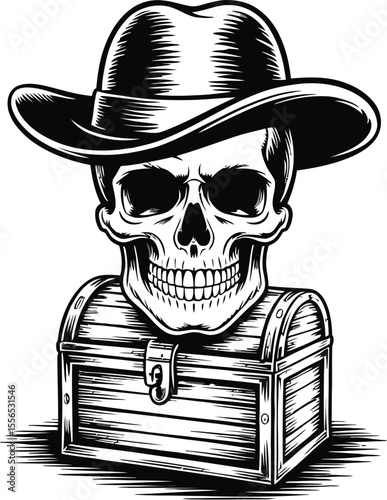 A skull wearing a cowboy hat sitting atop a treasure chest in a black and white illustration style