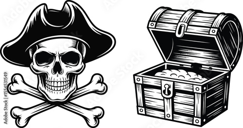A pirate skull with crossbones and a tricorn hat next to an open treasure chest full of gold coins