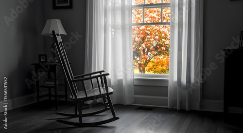 Silla mecedora vacía junto a la ventana con cortina moviéndose suavemente