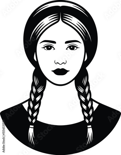 Illustration of a woman with dark hair styled in braids in a black and white graphic design style