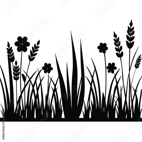 Black Silhouette Meadow Flowers Long Grass Border Design Element vector