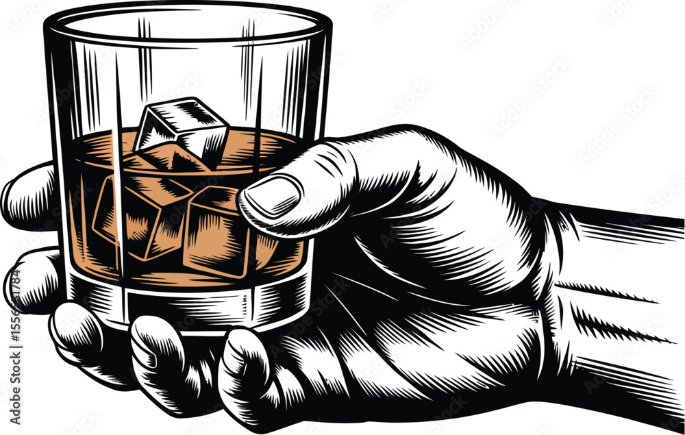 Hand holding a glass of whiskey with ice cubes in a black and white illustration style image isolated